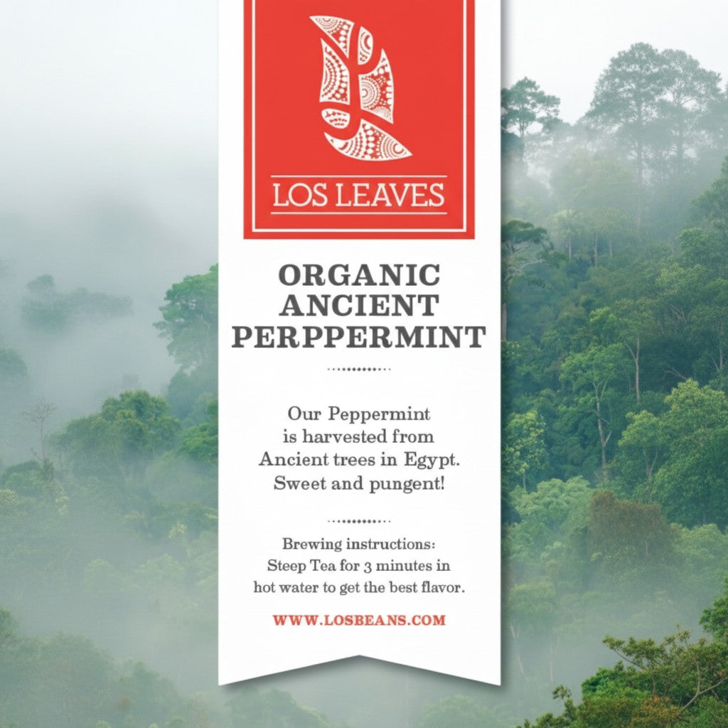 image LosLeaves Organic Ancient Peppermint Tea box with 50 envelopes, harvested from Egyptian peppermint trees.