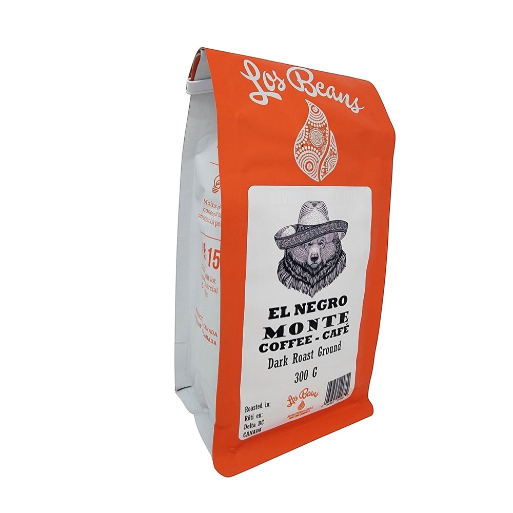 Los Beans El Negro Monte dark roast ground coffee bag with bear graphic wearing a sombrero. 300g.