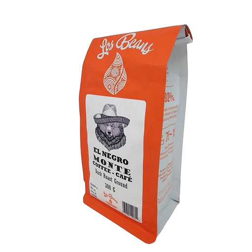 Los Beans El Negro Monte dark roast ground coffee bag with bear illustration, 300g.