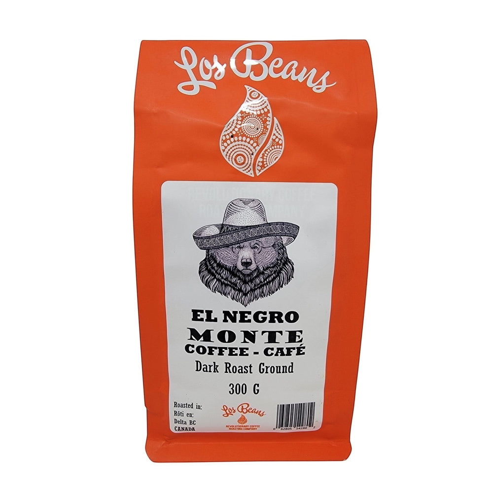 Los Beans El Negro Monte dark roast ground coffee bag with a bear wearing a sombrero. 300g.