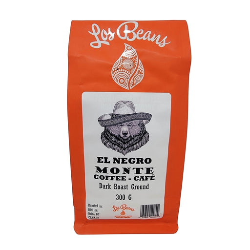Los Beans El Negro Monte dark roast ground coffee bag with a bear wearing a sombrero. 300g.