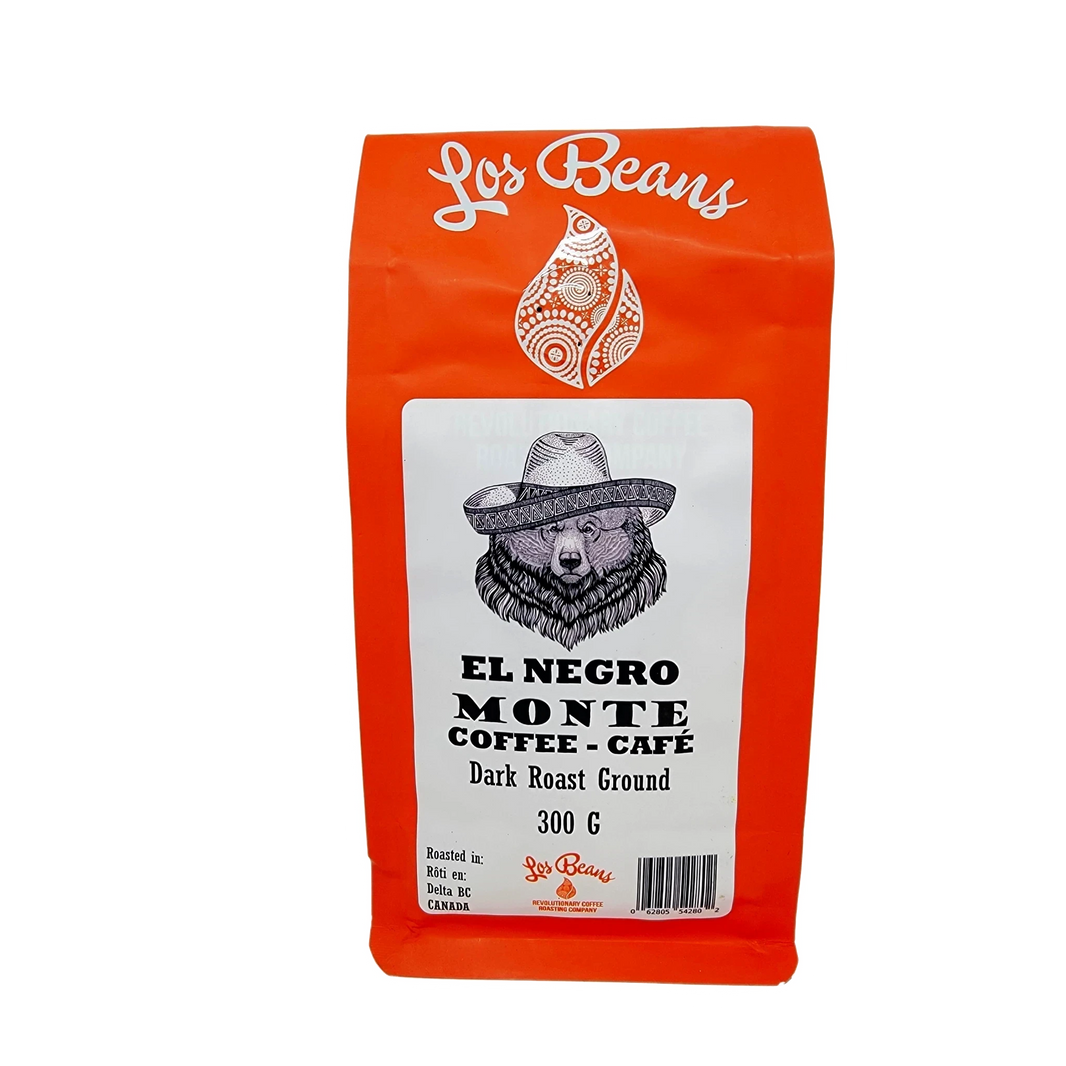 image Los Beans El Negro Monte dark roast ground coffee bag with a bear wearing a sombrero.