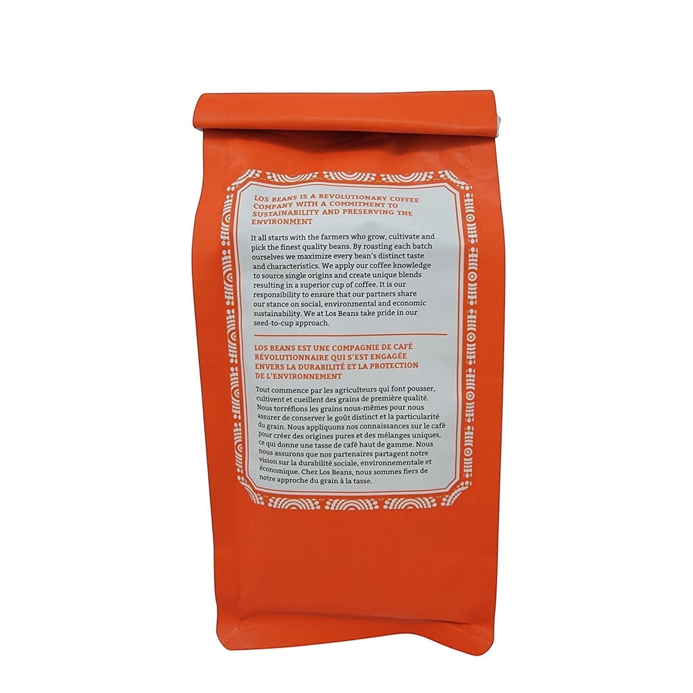 www.losbeans.com El Negro Monte dark roast ground coffee bag, bold and intense flavor profile.